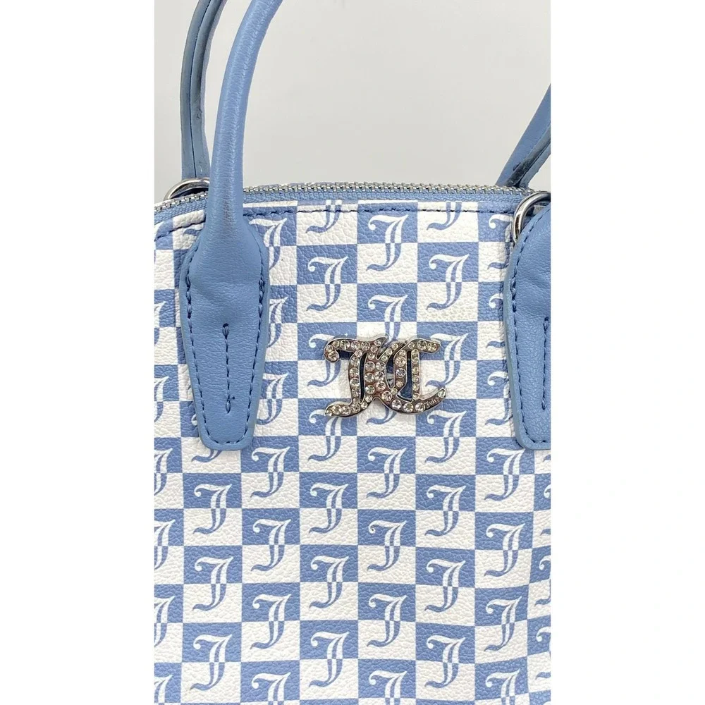 Juicy Couture Blue White Checkered Monogram Mini Dome Satchel Purse Rhinestone